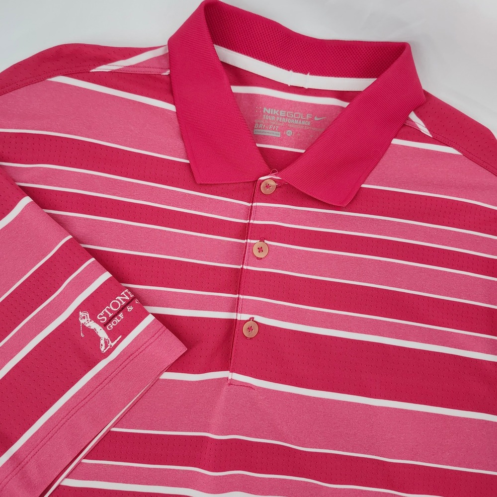 Nike Golf Mens Pink Striped Dri-Fit Polo Shirt Size XL Stoneybrook Performance